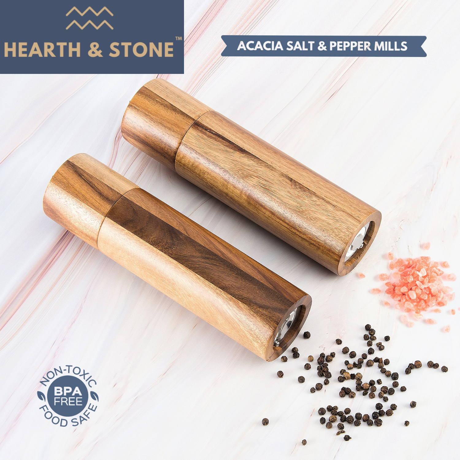 8 Wooden Salt & Pepper Grinder Set With Tray, Stainless Steel and Ceramic  Grinder, Adjustable Coarseness, Acacia Wood, Great Christmas Gift 